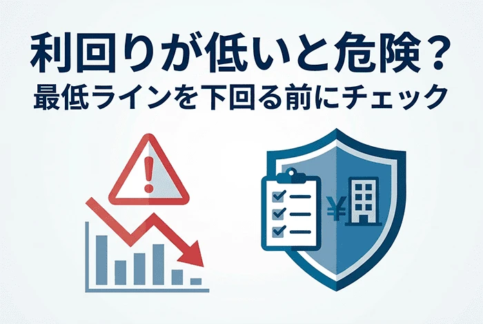 不動産投資における利回りの最低ラインを下回るリスクを示すイメージ（利回り低下のグラフと注意喚起アイコン）