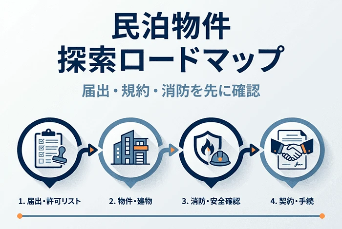 民泊物件探しのロードマップ。届出・規約・消防確認から契約までの流れ