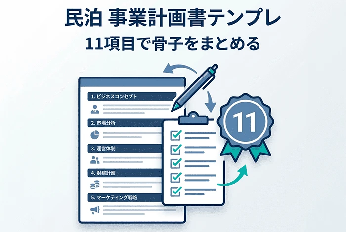 民泊の事業計画書テンプレートを11項目で整理するイメージ図