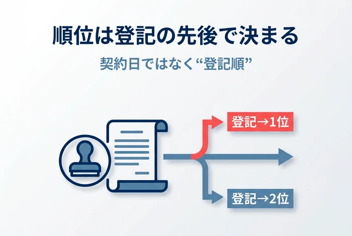 抵当権の順位は契約日ではなく登記の先後で決まることを示す図解