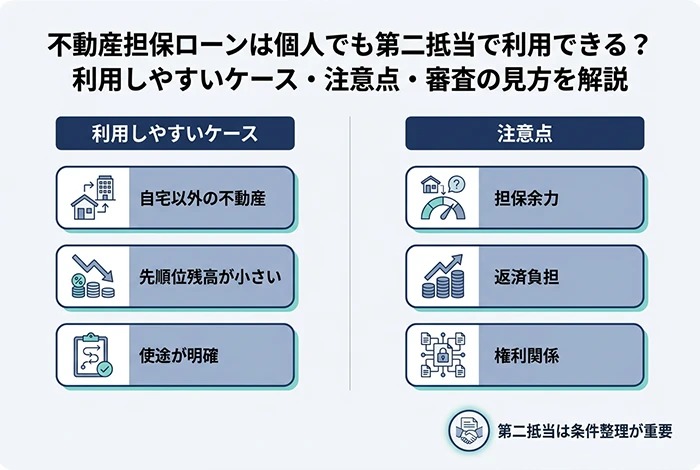  個人の二番抵当による不動産担保ローンについて、利用しやすいケースと注意点（担保余力・返済負担・権利関係など）を比較整理した図解