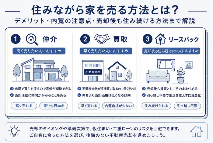 住みながら家を売る方法の比較図（仲介・買取・リースバック）