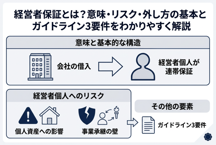 会社の借入に対して経営者個人が連帯保証となる経営者保証の基本構造と、個人資産への影響や事業承継の壁といった主なリスク、見直しの方向性を図解